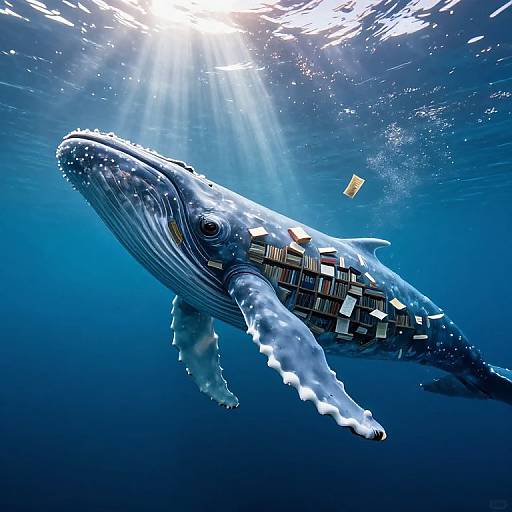 Photograph of a giant whale with a cargo of colorful books floating underwater, illuminated by sunlight from above.