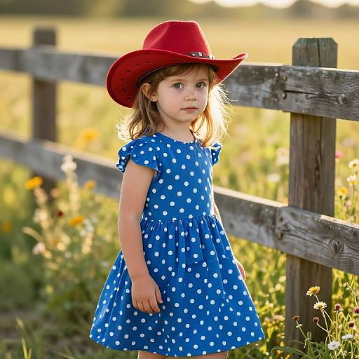 Photograph of a young girl with fair skin, brown hair, wearing a red cowboy hat and blue polka dot dress, standing by a wooden fence