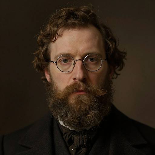 Photograph of a middle-aged bearded man with curly brown hair, round glasses, and a serious expression, wearing a dark coat and black shirt,