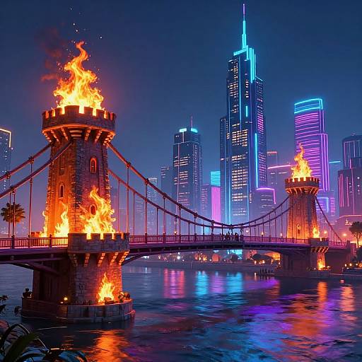 Photograph of a brightly illuminated, neon-lit cityscape at night featuring a fiery bridge with torch-like towers and futuristic skyscrapers in blue and