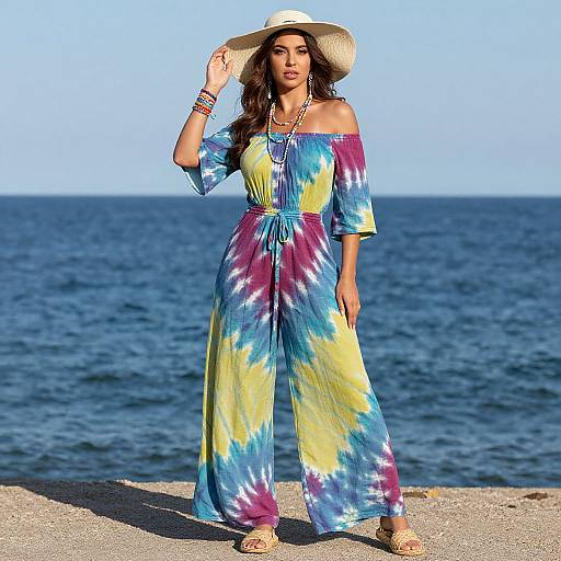 Photograph of a woman in a tie-dye off-shoulder dress, wide-brimmed hat, and sandals, standing by a blue ocean