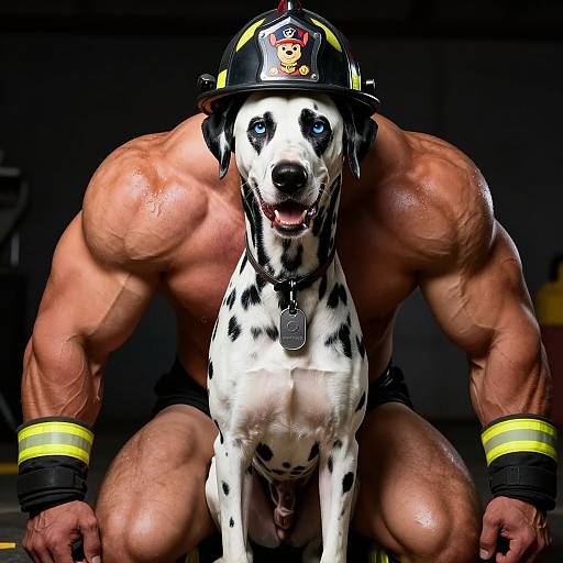 Photograph of a muscular, shirtless man with tan skin, wearing firefighter helmet, black briefs, and yellow cuffs, crouching behind a