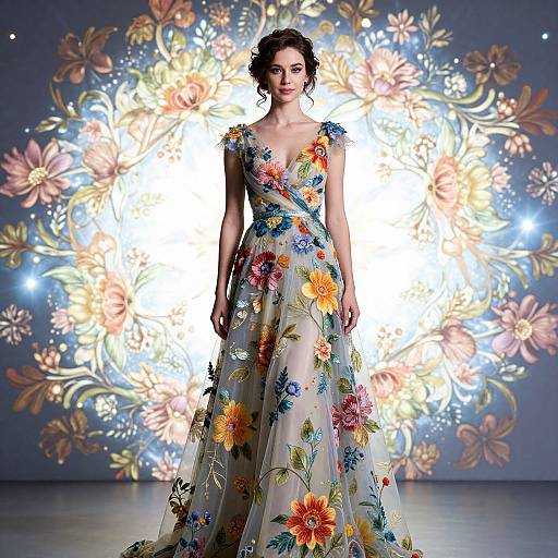 Photograph of a brunette woman in a sleeveless, floral-patterned ball gown with vibrant flowers, standing against a glowing floral backdrop.