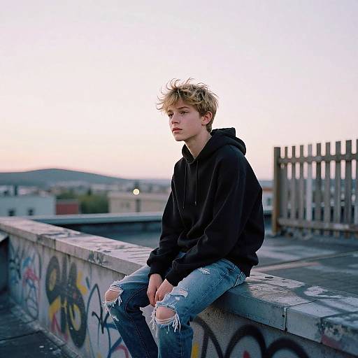 Photograph of a young, blonde, white man in a black hoodie and ripped jeans, sitting on a graffiti-covered rooftop at sunset.
