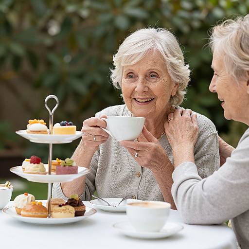 Photograph of two elderly women with short white hair, smiling, enjoying tea in a garden; tiered dessert stand with fruit and pastries on a