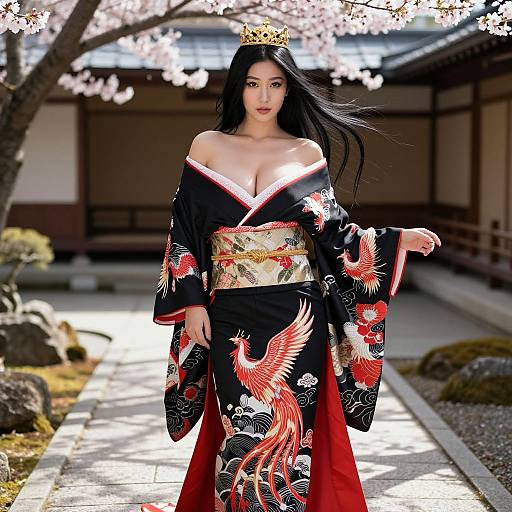 Photograph of an East Asian woman with long black hair, wearing a black kimono with red and gold phoenix patterns, off-shoulder, and