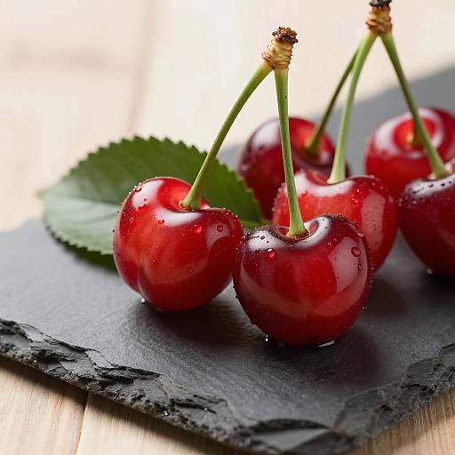 Macro Close-Up of Red Cherries on Black Slate