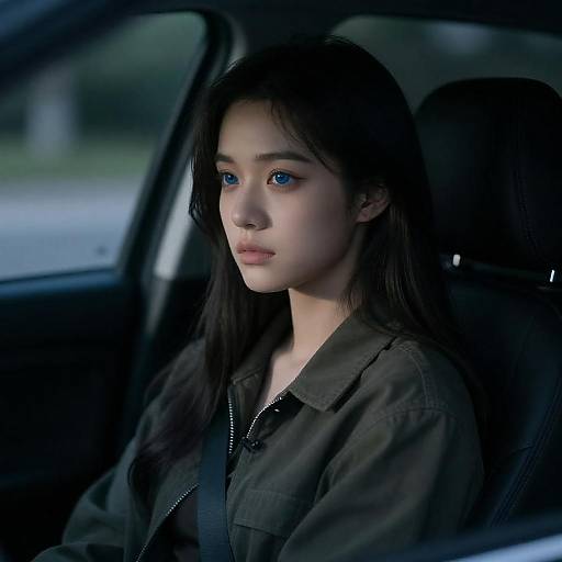 Young Woman in Car with Blue Eyes