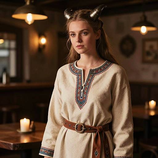Young woman with long brown hair and black horns, wearing a cream, embroidered medieval dress with brown belt, stands in dimly lit, warm-toned