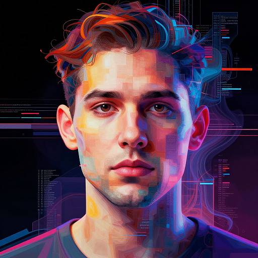 Digital portrait of a young man with red-orange hair, illuminated by neon blue and pink lights, against a dark, tech-themed background.