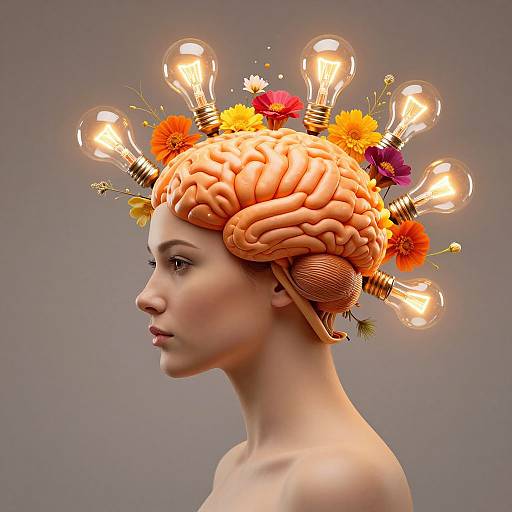 Digital art of a pale-skinned woman with a human brain for a head, adorned with glowing light bulbs and vibrant flowers.