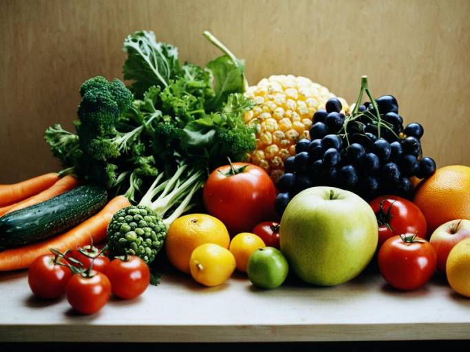 Fresh Mixed Fruits and Vegetables on Table