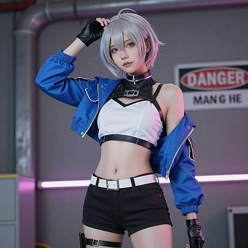 Confident Silver-Haired Cosplayer in Neon