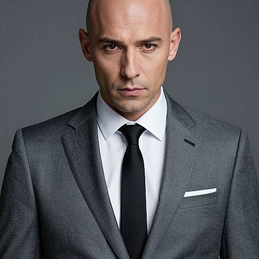 Photograph of a bald, serious-looking man with fair skin in a gray suit, white shirt, black tie, and white pocket square.