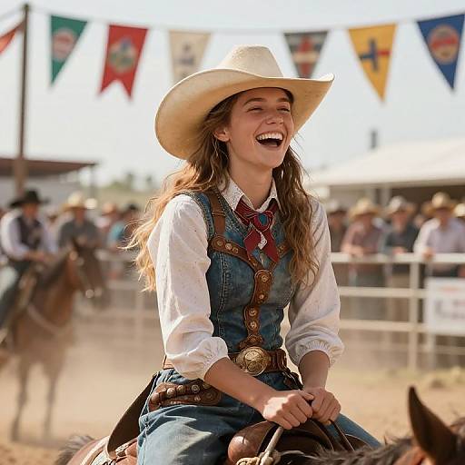 Photograph of a smiling young woman in a cowboy hat, denim vest, and white shirt, riding a horse at a rodeo, with colorful flags