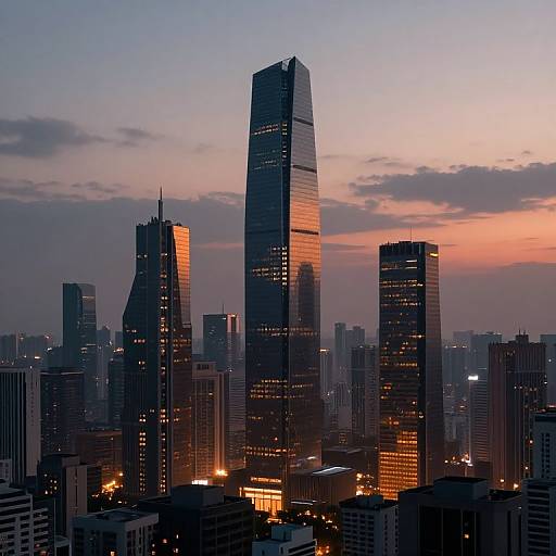 Photograph of a cityscape at dusk, featuring a tall, illuminated skyscraper with a reflective glass facade, surrounded by other darkened buildings, under