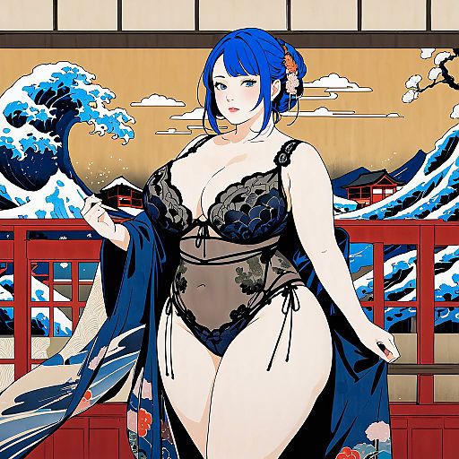 Anime Woman in Black Lingerie and Floral Kimono