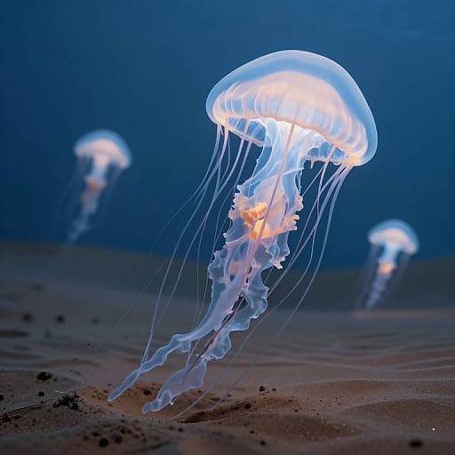 Photograph of glowing, translucent jellyfish with delicate, flowing tentacles illuminated in blue and white, floating above a dark ocean floor.