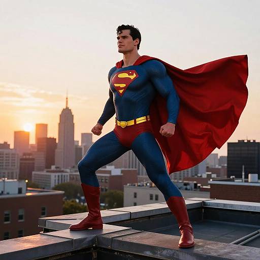 Photograph of a muscular, dark-haired Superman standing on a rooftop at sunset, wearing blue suit, red cape, yellow belt, and boots, with