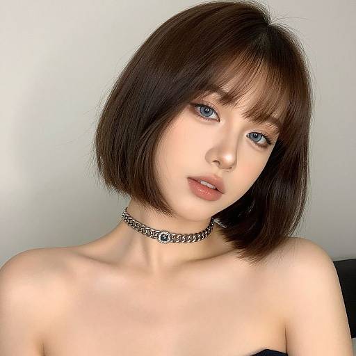 Photograph of a fair-skinned, young woman with blue eyes, short brown bob haircut, wearing a silver choker necklace, and exposed shoulders against