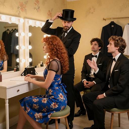 Vintage Dressing Room Scene with Four Characters