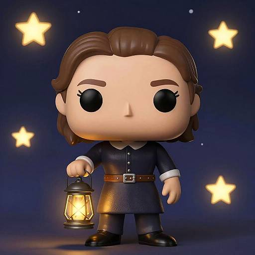 Chibi-style digital illustration of a brown-haired character with large black eyes, wearing a dark coat and holding a glowing lantern, set against a starlit