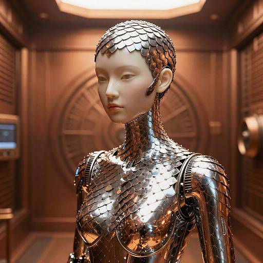 Reflective Steel-Scaled Android Archivist