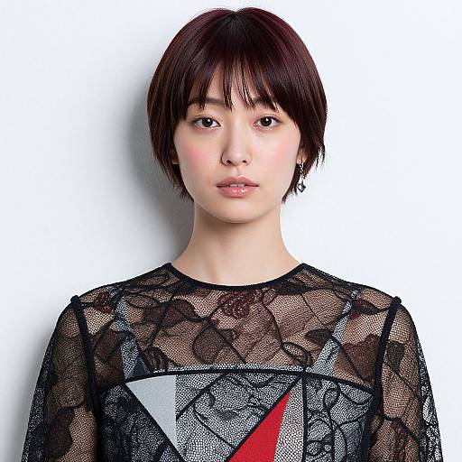 Photograph of an East Asian woman with short, dark brown hair, wearing a black, sheer lace top with geometric patterns, against a plain white background