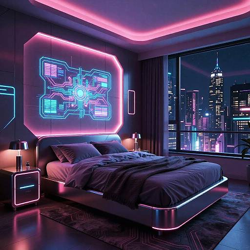 Cyberpunk Neon Bedroom with Skyline View