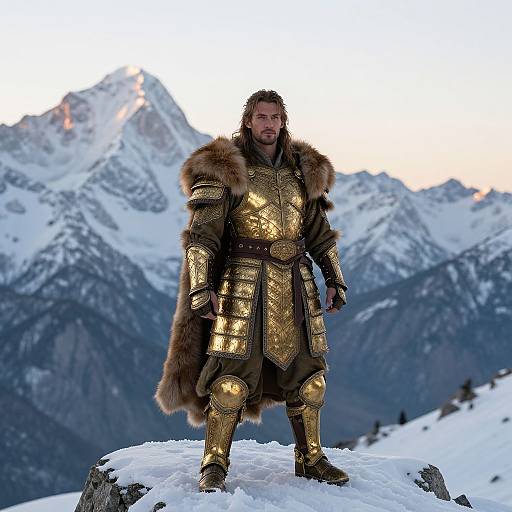 Photograph of a bearded man in gold armor and fur cloak, standing on a snowy mountain peak with majestic, snow-capped mountains in the background