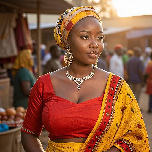 Photograph of a beautiful dark-skinned African woman in a red top and yellow sari with intricate patterns, wearing a headscarf and sparkling jewelry