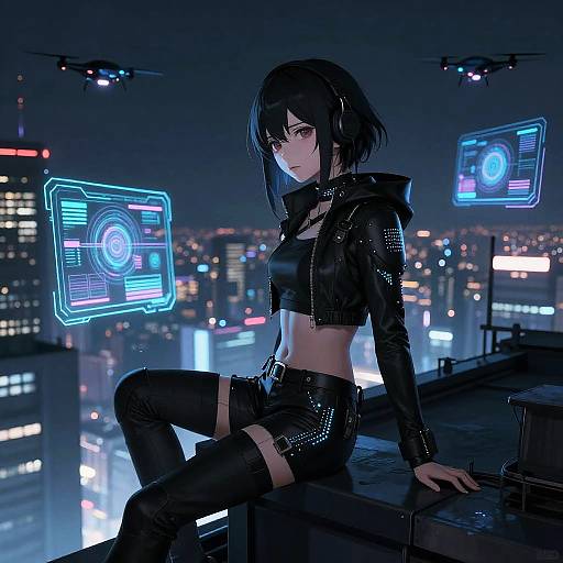 Digital anime-style artwork of a black-haired woman in a black leather outfit, sitting on a rooftop at night, with neon city lights and hovering drones in