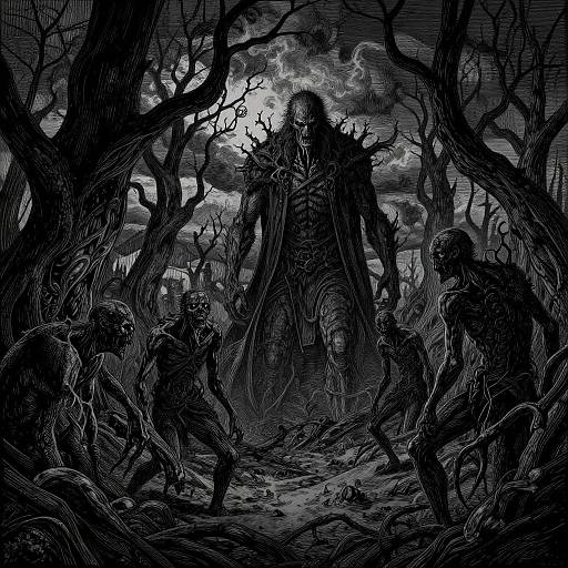 Black-and-white digital drawing of a dark, towering, skeletal figure with jagged armor in a twisted, eerie forest, surrounded by smaller, twisted creatures