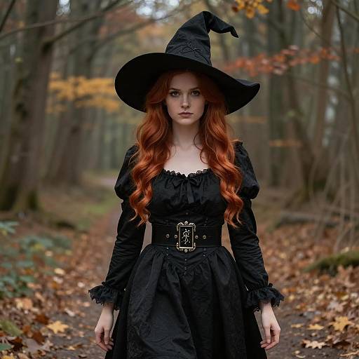 Young Woman in Witch Costume in Autumn Forest