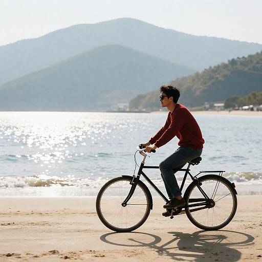 Beach Ride: Man on Bicycle with Mountains