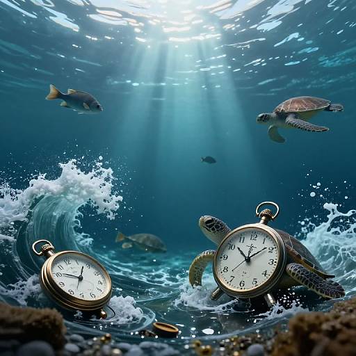 Underwater photograph of two vintage clocks submerged in ocean waves, surrounded by swimming turtles and fish, with sunlight filtering from above.