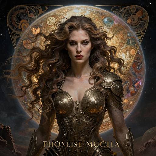 Digital artwork of a fierce, fair-skinned woman with long, wavy brown hair, wearing ornate golden armor, standing before an intricate, colorful