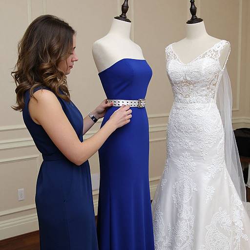 Photograph of a woman in a blue dress adjusting a blue bridesmaid gown with a white lace wedding dress on mannequins.