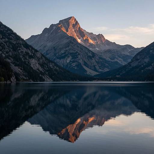 Photograph of a serene mountain lake at sunset, with a rugged, sunlit peak reflected perfectly in the calm, mirror-like water.