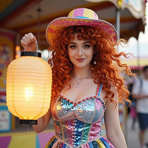 Photograph of a fair-skinned woman with curly red hair, wearing a sequined, rainbow-colored dress, and a pink-striped hat, holding a