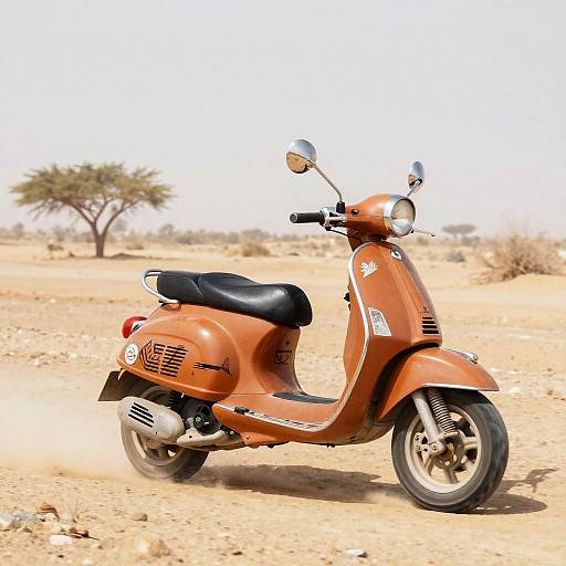 Photograph of an orange vintage-style scooter with a black seat, parked in a sunny, arid desert landscape with a single tree in the background.