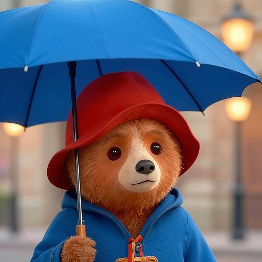 Photorealistic CGI of a cute brown bear wearing a red hat and blue hoodie, holding a blue umbrella, with blurred streetlights in the background.