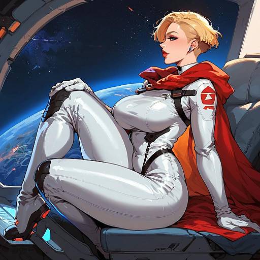 Digital art of a blonde woman in a white, form-fitting spacesuit with a red cape, sitting in a spaceship window, gazing at Earth