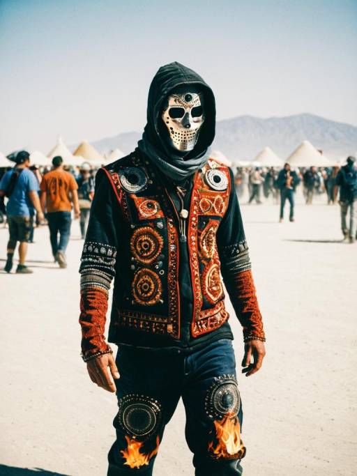 Man in Artistic Burning Man Outfit at Outdoor Festival