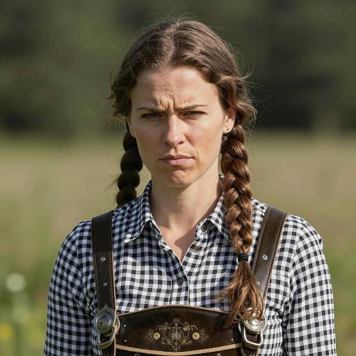 Serious Woman in Bavarian Lederhosen Costume