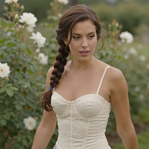 Photograph of a brunette woman with a side braid, wearing a white lace strapless wedding dress, standing in a garden with blooming white roses