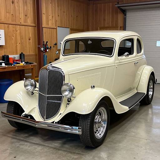 Photograph of a cream-colored vintage 1930s sedan with chrome grille and headlights, parked in a wooden-paneled garage with tools on a work