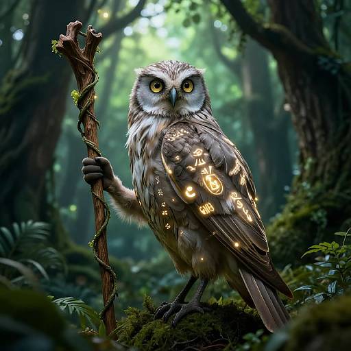 Digital art of a glowing owl with yellow eyes and luminescent symbols on its feathers, standing in a misty, enchanted forest, holding a twisted