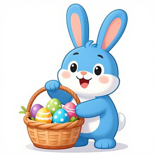 Cute, blue cartoon bunny with pink inner ears, holding a basket of colorful Easter eggs, smiling with open mouth, white background.