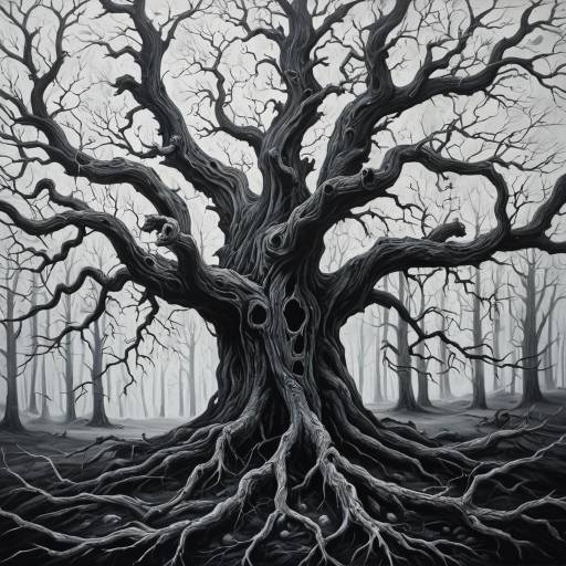 Surrealistic Monochrome Ancient Tree with Ghostly Faces